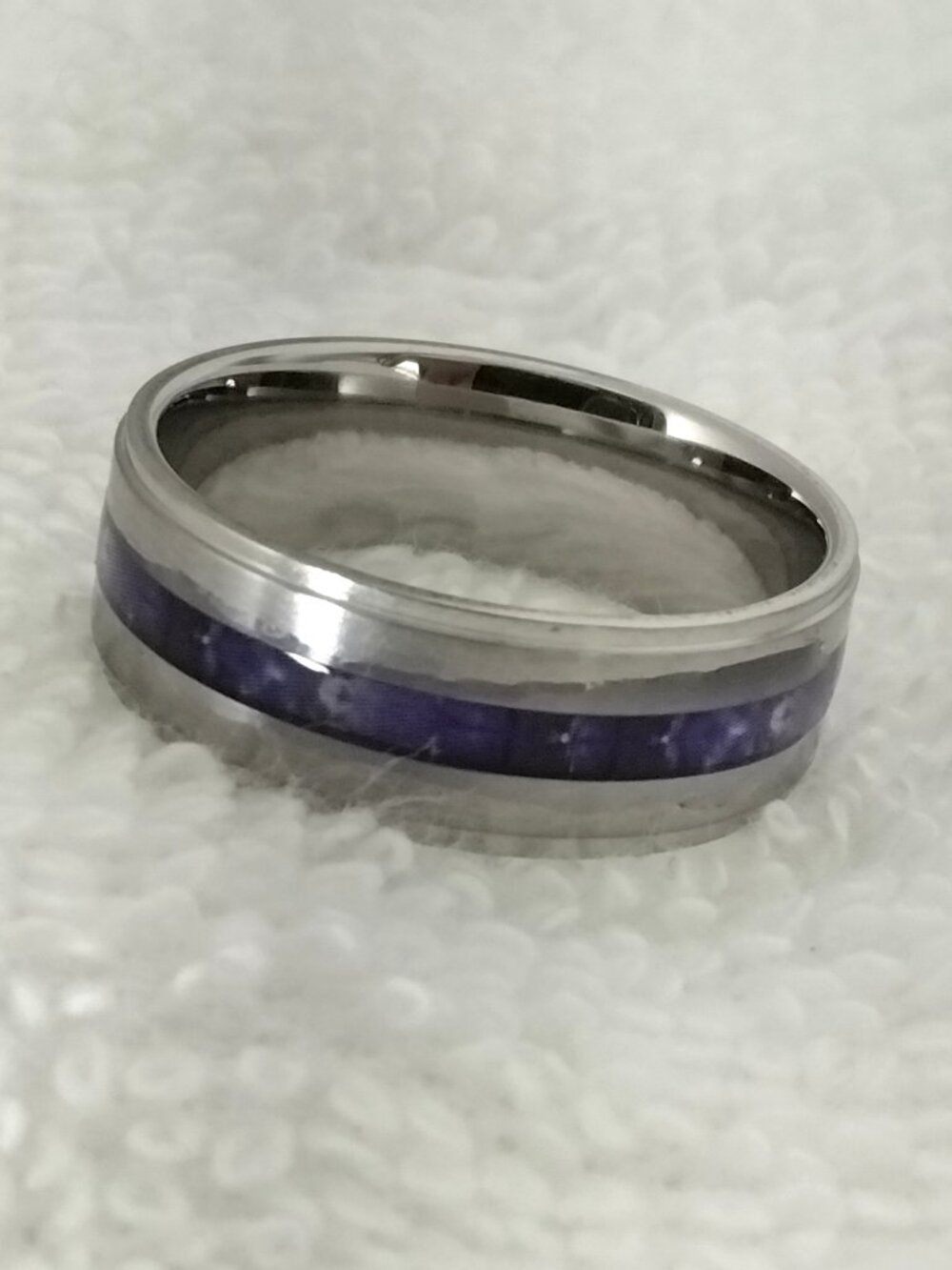Size 11 Silver Stainless Steel Purple Inlay Wedding Band – Unisex